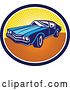 Vector Clip Art of Retro Blue American Muscle Car in a Navy Blue, White and Sunset Ray Oval by Patrimonio