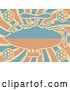 Vector Clip Art of Retro Blue and Orange Airship with Gears on Swirls by