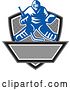 Vector Clip Art of Retro Blue and White Ice Hockey Goalie over a Net, Shield and Banner by Patrimonio