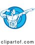 Vector Clip Art of Retro Blue Bodybuilder Flexing and Pointing over a Blue Circle by Patrimonio