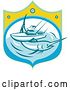 Vector Clip Art of Retro Blue Marlin Fish and Charter Boat at Sea in a Shield by Patrimonio