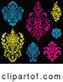 Vector Clip Art of Retro Blue Pink and Yellow Victorian Floral Damask Design Elements by BestVector
