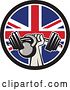 Vector Clip Art of Retro Bodybuilder Arm Holding up a Bent Barbell and Kettlebell in a Union Jack Flag Circle by Patrimonio