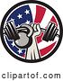 Vector Clip Art of Retro Bodybuilder Arm Holding up a Bent Barbell and Kettlebell in an American Flag Circle by Patrimonio