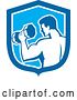 Vector Clip Art of Retro Bodybuilder Doing Bicep Curls with a Dumbbell in a Blue Shield by Patrimonio
