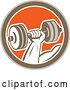 Vector Clip Art of Retro Bodybuilder's Hand Lifting a Dumbbell in a Brown White and Orange Circle by Patrimonio