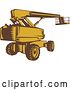 Vector Clip Art of Retro Brown and Yellow Woodcut Cherry Picker Mobile Lift Platform Machine by Patrimonio