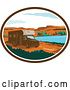 Vector Clip Art of Retro Brown Camper Van RV in a Desert Landscape Within an Oval by Patrimonio