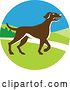 Vector Clip Art of Retro Brown Pointer Dog in a Landscape Circle by Patrimonio