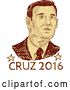 Vector Clip Art of Retro Brown Sketched Portrait of Ted Cruz over Text by Patrimonio