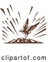 Vector Clip Art of Retro Brown Woodcut Plover Bird Landing on an Island by Patrimonio