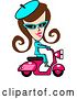 Vector Clip Art of Retro Brunette Lady Dressed in Blue, Riding a Pink Scooter by Andy Nortnik