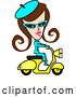 Vector Clip Art of Retro Brunette Lady Dressed in Blue, Riding a Yellow Scooter by Andy Nortnik