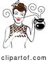 Vector Clip Art of Retro Brunette Waitress or Housewife Smelling the Aroma of Fresh Hot Coffee in a Pot by Andy Nortnik