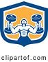 Vector Clip Art of Retro Buff Bodybuilder Lifting Heavy Weights in a Blue and Yellow Shield by Patrimonio