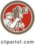 Vector Clip Art of Retro Cameraman Filming in a Brown White and Red Circle by Patrimonio