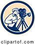 Vector Clip Art of Retro Cameraman Filming in a Tan Blue and White Circle by Patrimonio