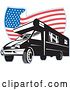 Vector Clip Art of Retro Camper Van and Wavy American Flag Logo by Patrimonio