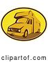 Vector Clip Art of Retro Camper Van in a Brown White and Yellow Sunshine Oval by Patrimonio