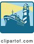 Vector Clip Art of Retro Cargo Ship and with Lighthouse with Beacon Lights Square Icon by Patrimonio