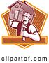 Vector Clip Art of Retro Carpenter Guy Carrying a House on His Shoulder over a Shield and Text Bar by Patrimonio