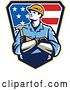 Vector Clip Art of Retro Carpenter Worker with Folded Arms over an American Shield by Patrimonio