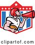 Vector Clip Art of Retro Cartoon American Football Player Holding a Ball and Using a Megaphone over a Shield by Patrimonio