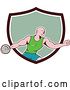 Vector Clip Art of Retro Cartoon Bald Male Athlete Throwing a Discus, Emerging from a Brown White and Green Shield by Patrimonio