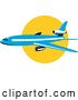 Vector Clip Art of Retro Cartoon Blue Commercial Airliner Plane Against the Sun by Patrimonio