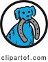 Vector Clip Art of Retro Cartoon Blue Dog Sitting with a Horseshoe in His Mouth Inside a Circle by Patrimonio