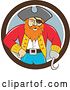 Vector Clip Art of Retro Cartoon Captain Pirate with a Peg Leg and Hook Hand, Emerging from a Brown White and Gray Circle by Patrimonio