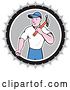 Vector Clip Art of Retro Cartoon Carpenter with a Hammer in a Gray White and Black Circle by Patrimonio