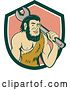 Vector Clip Art of Retro Cartoon Caveman Mechanic Holding a Giant Spanner Wrench over His Shoulder in a Shield by Patrimonio