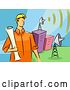 Vector Clip Art of Retro Cartoon Communications Engineer Guy with Satellite Dishes by BNP Design Studio
