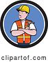 Vector Clip Art of Retro Cartoon Construction Worker Holding a Hammer in Folded Arms in a Black White and Blue Circle by Patrimonio