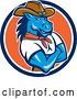 Vector Clip Art of Retro Cartoon Cowboy Sheriff Horse Guy with Folded Arms in a Blue White and Orange Circle by Patrimonio