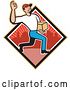 Vector Clip Art of Retro Cartoon Delivery Guy Gesturing Ok and Carrying a Package in a Red Urban Diamond by Patrimonio