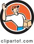 Vector Clip Art of Retro Cartoon Delivery Guy Gesturing Ok and Carrying a Parcel in an Orange White and Black Circle by Patrimonio