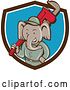 Vector Clip Art of Retro Cartoon Elephant Guy Plumber Holding a Giant Monkey Wrench, Emerging from a Brown White and Blue Shield by Patrimonio