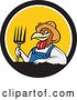 Vector Clip Art of Retro Cartoon Farmer Rooster Chicken Guy Wearing Overalls and a Straw Hat, Holding a Pitchfork in a Black White and Yellow Circle by Patrimonio