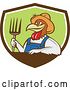 Vector Clip Art of Retro Cartoon Farmer Rooster Chicken Guy Wearing Overalls and a Straw Hat, Holding a Pitchfork in a Brown White and Green Shield by Patrimonio