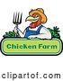 Vector Clip Art of Retro Cartoon Farmer Rooster Guy Wearing Overalls and a Straw Hat, Holding a Pitchfork over a Chicken Farm Sign by Patrimonio