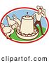 Vector Clip Art of Retro Cartoon Farmer with Chickens at a Feeder in an Oval by Patrimonio