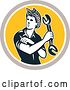 Vector Clip Art of Retro Cartoon Female Mechanic Holding a Wrench and Rolling up Her Sleeves in a Taupe White and Yellow Circle by Patrimonio
