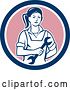 Vector Clip Art of Retro Cartoon Female Mechanic Holding a Wrench in a Blue White and Pink Circle by Patrimonio