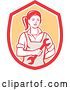 Vector Clip Art of Retro Cartoon Female Mechanic Holding a Wrench in a Red White and Orange Shield by Patrimonio
