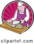 Vector Clip Art of Retro Cartoon Fishmonger Sushi Chef Chopping a Fish over a Pink Circle of Rays by Patrimonio