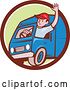 Vector Clip Art of Retro Cartoon Friendly White Male Delivery Truck Driver Waving in a Brown White and Green Circle by Patrimonio