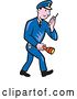 Vector Clip Art of Retro Cartoon Full Length Police Guy Talking on a Walkie Talkie and Holding a Flashlight by Patrimonio