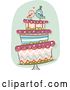 Vector Clip Art of Retro Cartoon Funky Wedding Cake with Kissing Bride and Groom Birds on Top by BNP Design Studio